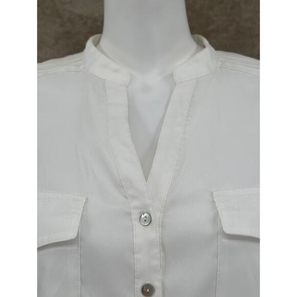 Style & Co Top Women 10 Ivory Satiny Button Up Long Sleeve Clean Girl Minimalist - Picture 2 of 9